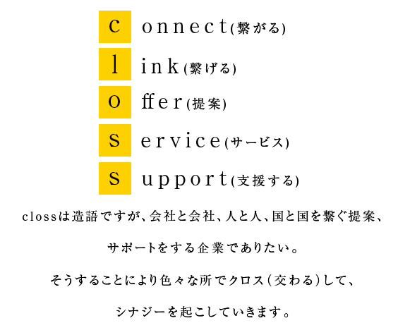 clossは造語ですが、会社と会社、人と人、国と国を繋ぐ提案、サポートをする企業でありたい。
そうすることにより色々な所でクロス(交わる)してシナジーを起していきます。